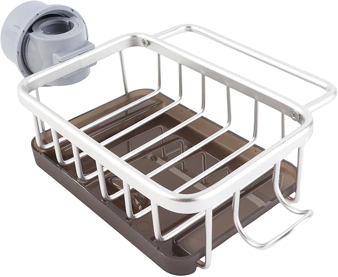 Zerodis Kitchen Sink Faucet Organizer, Space Aluminum Rustproof Dish Sponge Holder with Divider and Drip Tray for Kitchen Dishwashing Sponges Brushes Cloth (Silver)