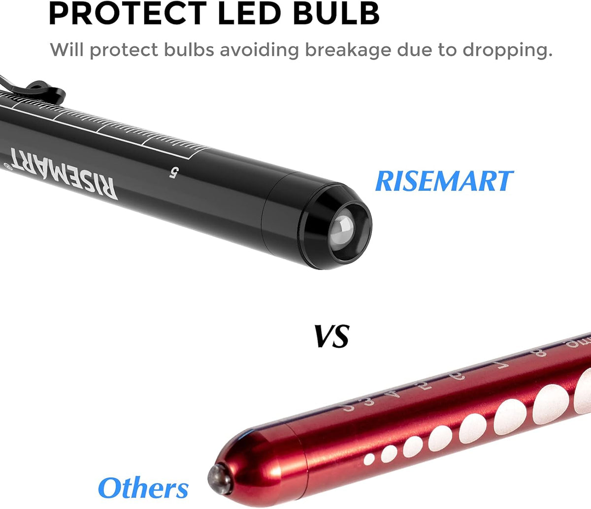 RISEMART Pen Lights for Nurses, 2 Pack Reusable Medical Light with Pupil Gauge and Ruler, White Light LED Penlight for Student Doctors EMT (Black/White)