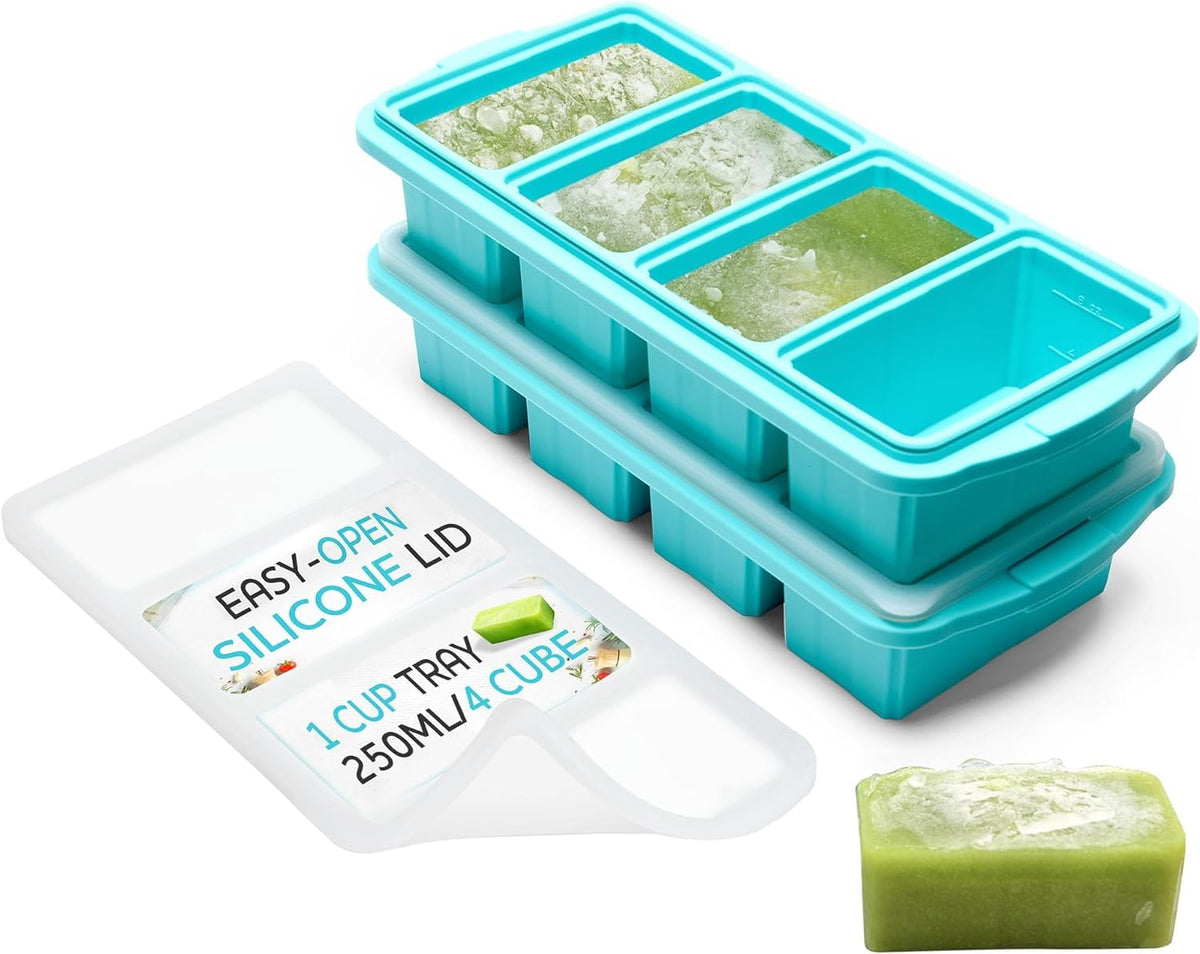 Silicone Freezer Tray With Lid - Soup Freezer Container molds - Large Ice Cube Tray- makes 8 perfect 1 cup portions cubes, 2-Pack Freezer Storage Food Soups & Meal Prep - Oven & Dishwasher -Safe