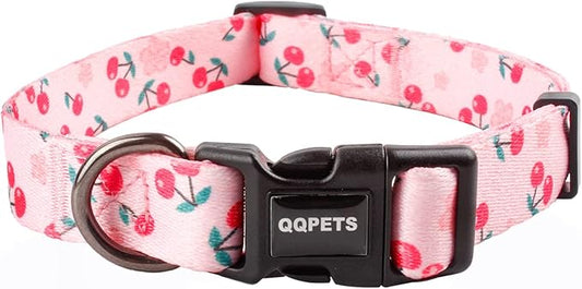QQPETS Adjustable Soft Dog Collar: Print Flower Pink Multicolor Cute Patterns for XS Small Medium Large Pet Girl Boy Puppy Walking Running Training (M, Sakura Pink)