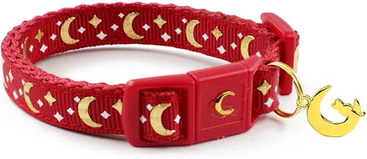 WAAAG Cat Collars, Gold Moons and Stars Cat Collar, Safety Breakaway Cat Collar, Glow in The Dark (Standard 9"-15" Neck, Scarlet)