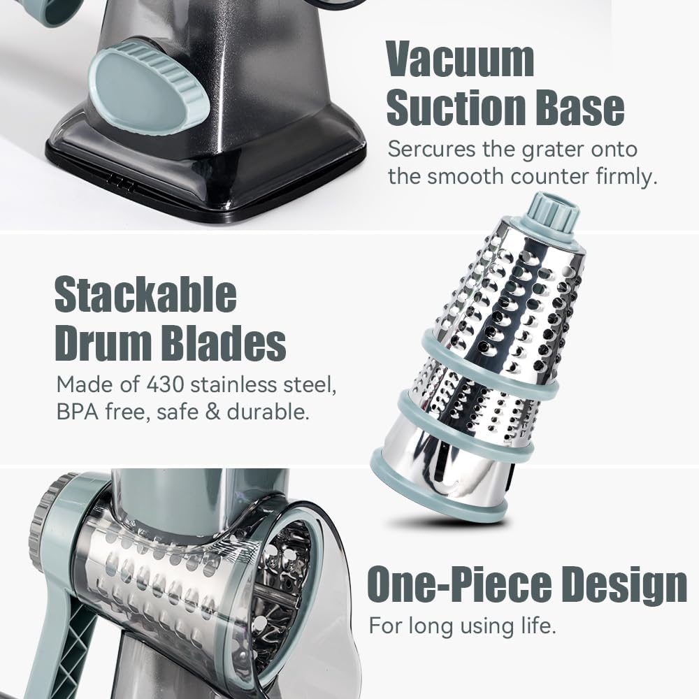 KEOUKE Rotary Cheese Grater Hand Crank Transparent - Shredder Slicer Grinder 3 Stainless Steel Blades, Stable Suction, Labor-Saving Handle, Safe Kitchen Tool for Cheese, Vegetable, Nuts, Chocolate