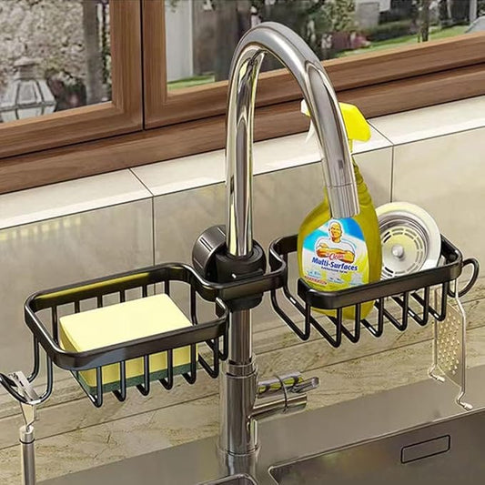 Kitchen Faucet Sponge Holder Sink Caddy Organizer Over Faucet Hanging Faucet Drain Rack for Sink Organizer (Black-Double)