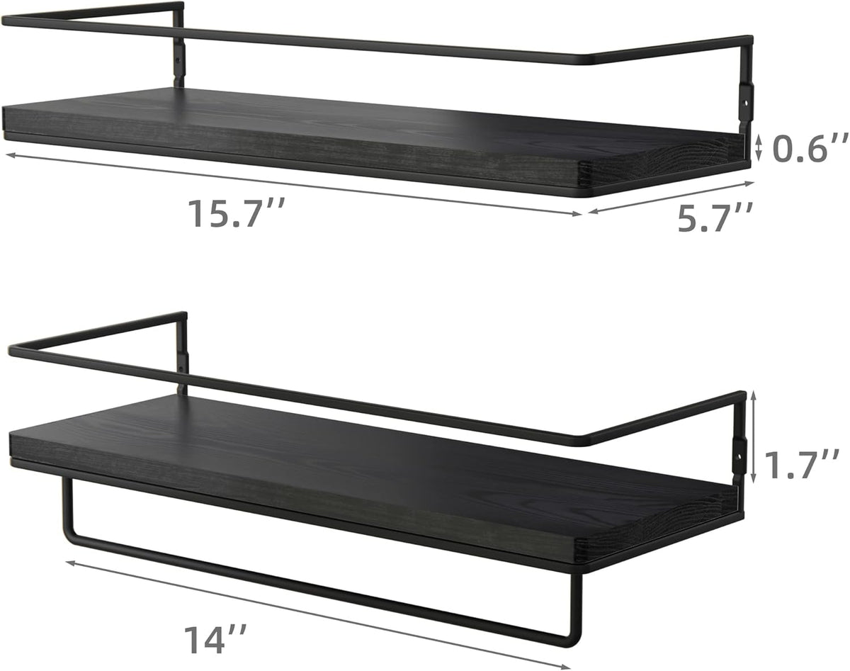 ZGO Floating Shelves for Wall Set of 2, Wall Mounted Storage Shelves with Black Metal Frame and Towel Rack for Bathroom, Bedroom, Living Room, Kitchen, Office (Black)