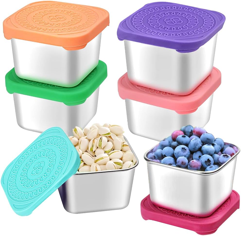 6Pack 6oz Stainless Steel Snack Containers for Kids, Easy Open Leak Proof Metal Toddler Snack Containers with Silicone Lids, Stackable Metal Toddler Lunch Box for Daycare, School and Travel