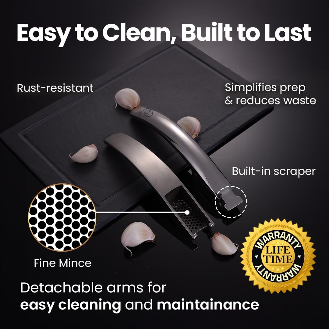 No Peeling Required Garlic Press Stainless Steel with Detachable Handle for Fine Mincing-Premium Garlic Mincer Tool, Rust-Proof, Easy to Clean, Dishwasher Safe Garlic Crusher with Lifetime Replacement