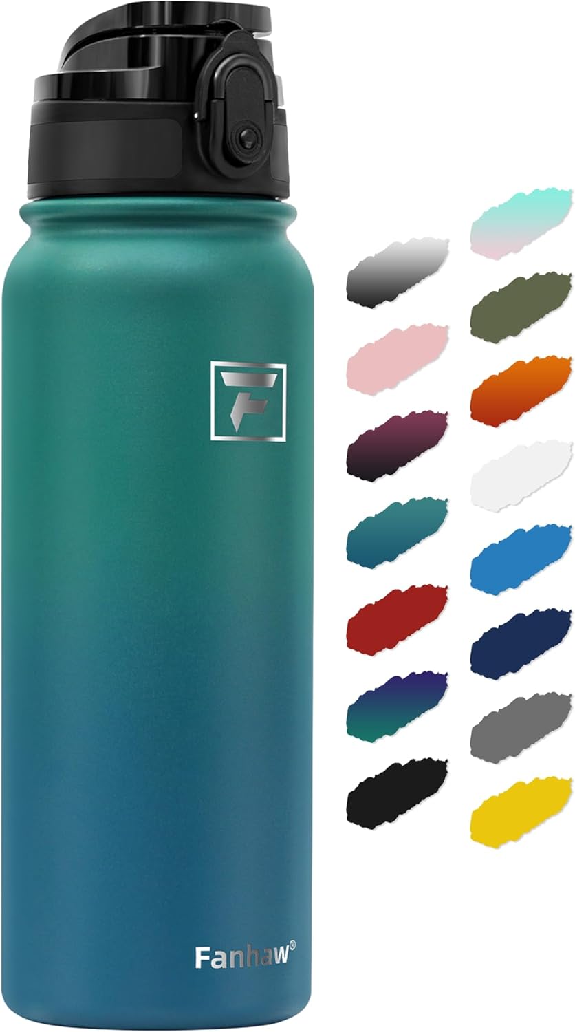 Fanhaw 20 oz Insulated Stainless Steel Water Bottle with Anti-Dust Chug Lid, Leakproof Vacuum Metal Bottle for Kids, Women & Men (Green Blue)