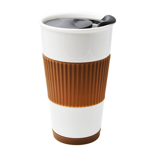 Ceramic Double Wall Insulated Travel Coffee Cup with Slider Lid, Silicone Sleeve & Built-In Coaster, 10 fl.oz (Coffee)