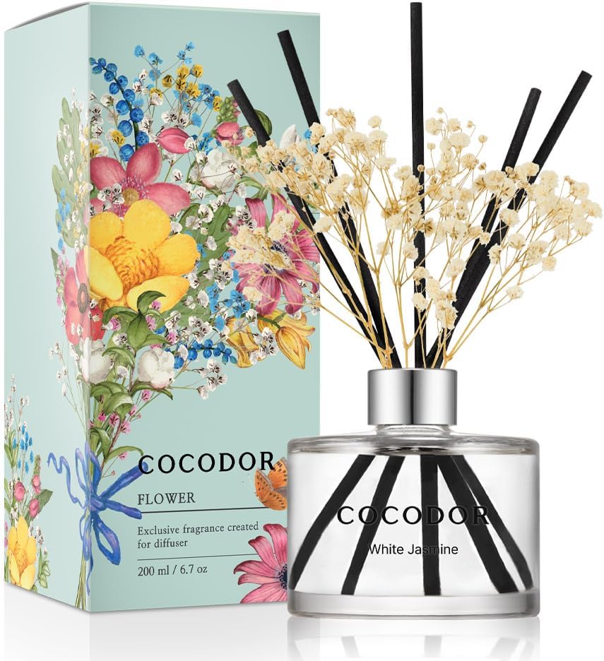 COCODOR Flower Reed Diffuser Set / 6.7oz / White Jasmine/Scent Diffuser with Sticks Home Fragrance Reed Diffuser for Bathroom Shelf Decor