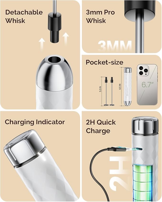 Maestri House Rechargeable Milk Frother with Stepless Speed Control, LunaFro 2.0 Handheld Electric Foam Maker Waterproof Drink Mixer Foamer for Lattes, Cappuccino