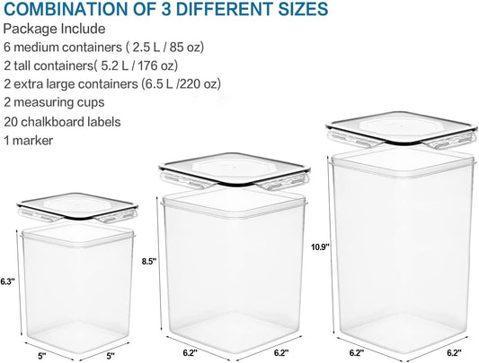 VERONES Large Tall Airtight Food Storage Containers, 10 PACK Plastic Airtight Kitchen & Pantry Organization, Ideal for Flour & Sugar Plastic Canisters with Labels