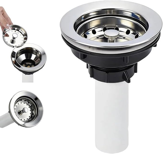 Kitchen Sink Drain Assembly, Stainless Steel Basket Strainer with Knob, 3-1/2 Inch Sink Drain Stopper Plug, Threaded Plastic Sink Strainer Tailpiece 1-1/2 in