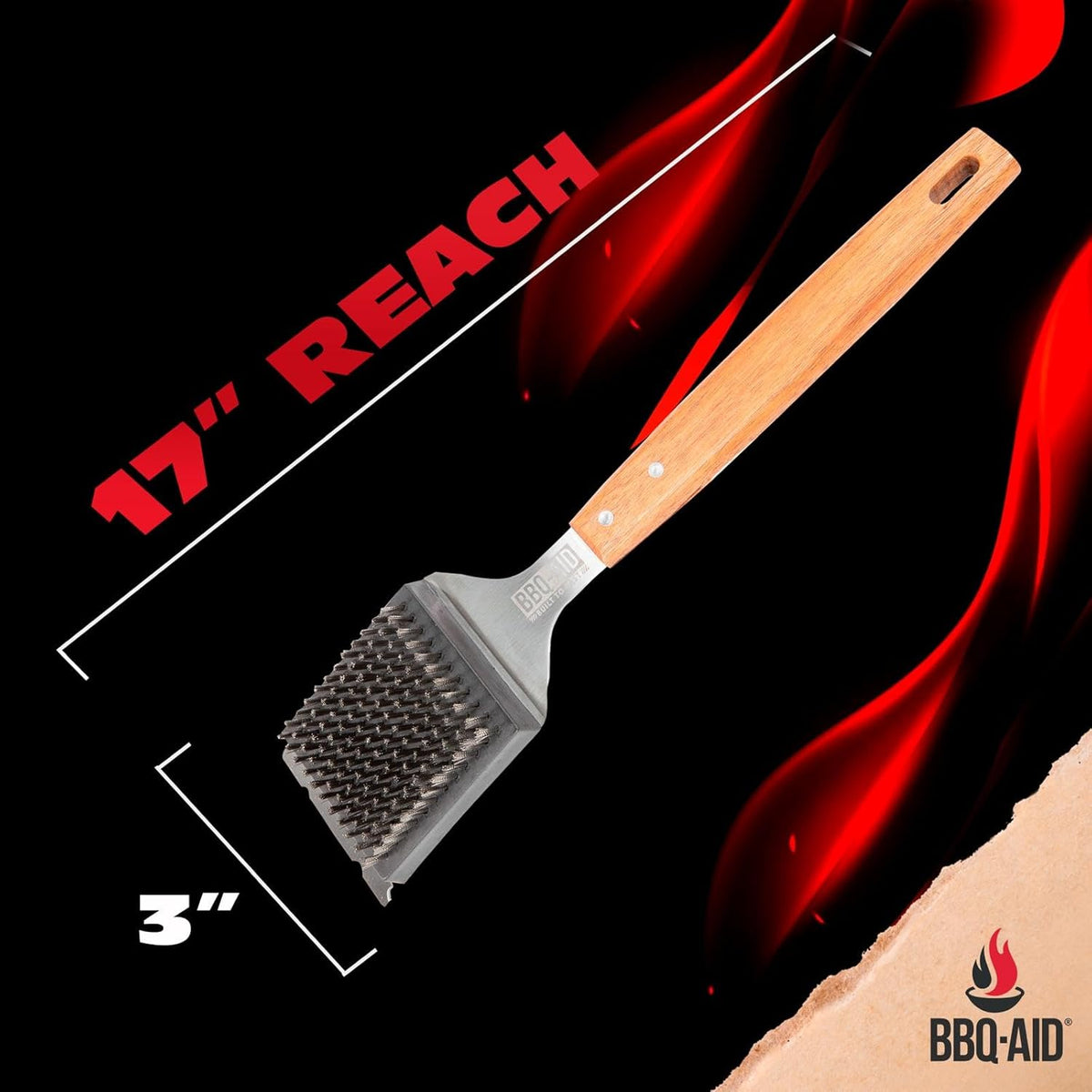 BBQ-Aid Grill Brush and Scraper for Barbecue – Grill Brush for Outdoor Grill with Extended, Large Wooden Handle and Replaceable Stainless Steel Bristles Head –No Scratch- BBQ Grill Brush for Any Grill