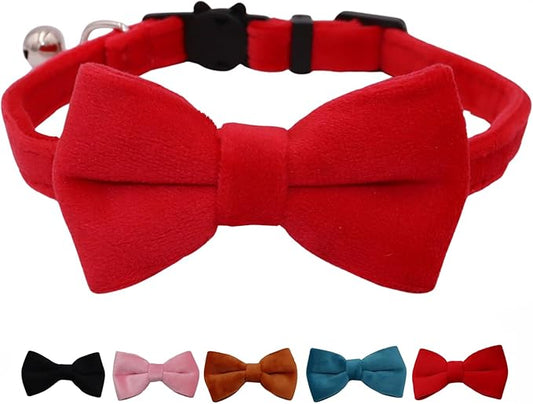 Cat Collar Breakaway with Bell and Removable Bow Tie Safety Buckle Velvet Adjustable 7-11 inches for Kitten Cats (Red)