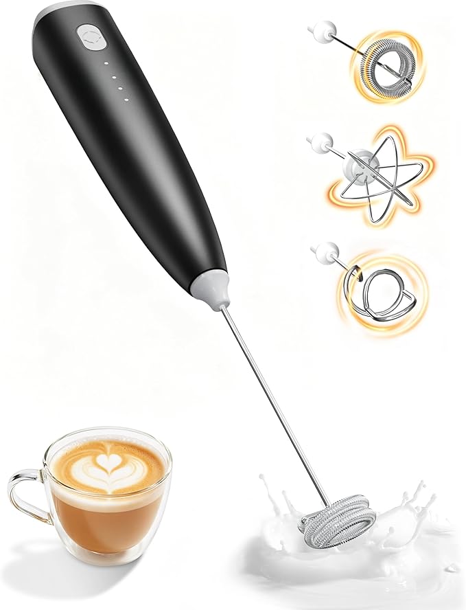 Portable Milk Frother Handheld,Electric Drink Mixer & Wand, 3 Detachable Stainless Steel Whisks, 3 Adjustable Speeds Quiet, USB C Rechargeable for Coffee, Latte, Matcha, Home & Kitchen (Black)