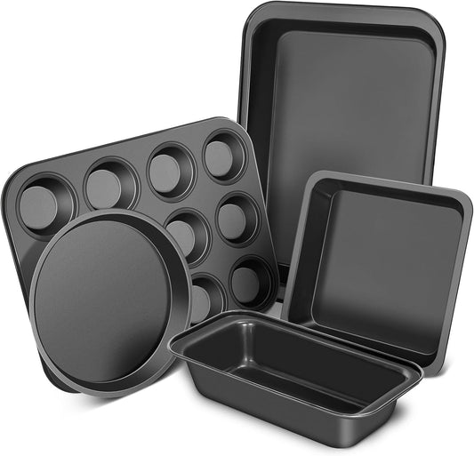 Baking Pans Set, 5-Piece Nonstick Bakeware Sets with Round/Square Cake Pan, Muffin Loaf Roast Pan, Baking Sheets for Oven, Kitchen Cookware Sets Baking Tray Baking Supplies, Black