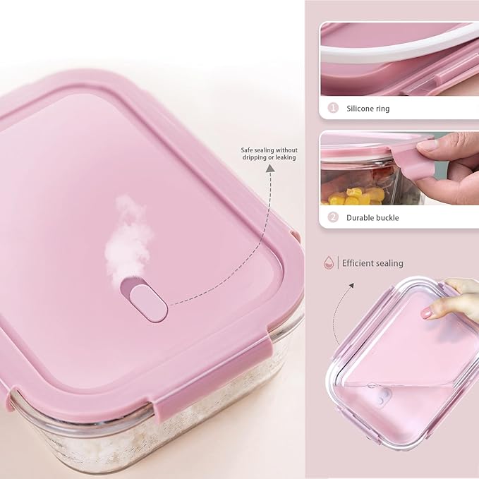4Pack 13oz/0.37L Glass Meal Prep Containers with Lids, Glass Storage Containers with Lids, BPA-Free, Pantry Organizers and Storage, Freezer to Oven Safe (Pink)