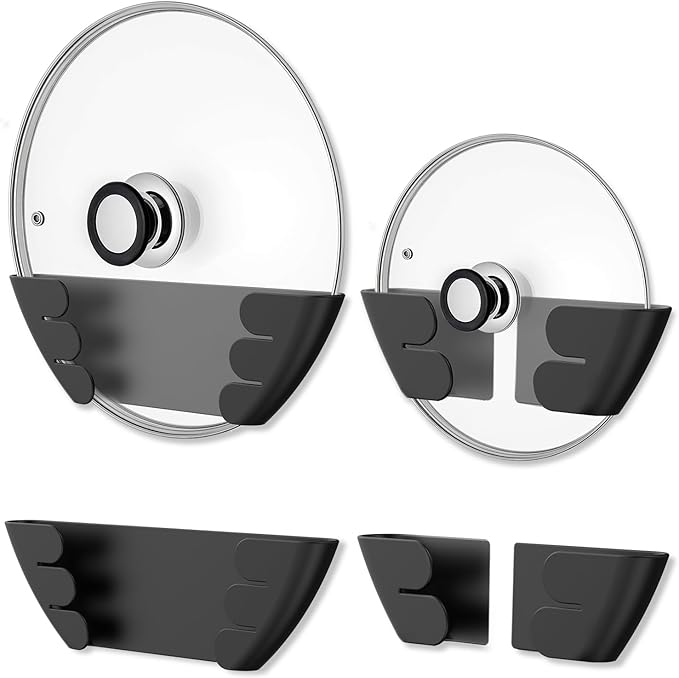 Universal Adjustable Pot Lid Holder Organizer for Cabinet - Upgraded Patented Niceyos 4 Pack Pan Lids Organizers Inside Cabinet Door Wall Mount Pots Top Rack for Kitchen Cupboard Fit 6" to 13" (Black)