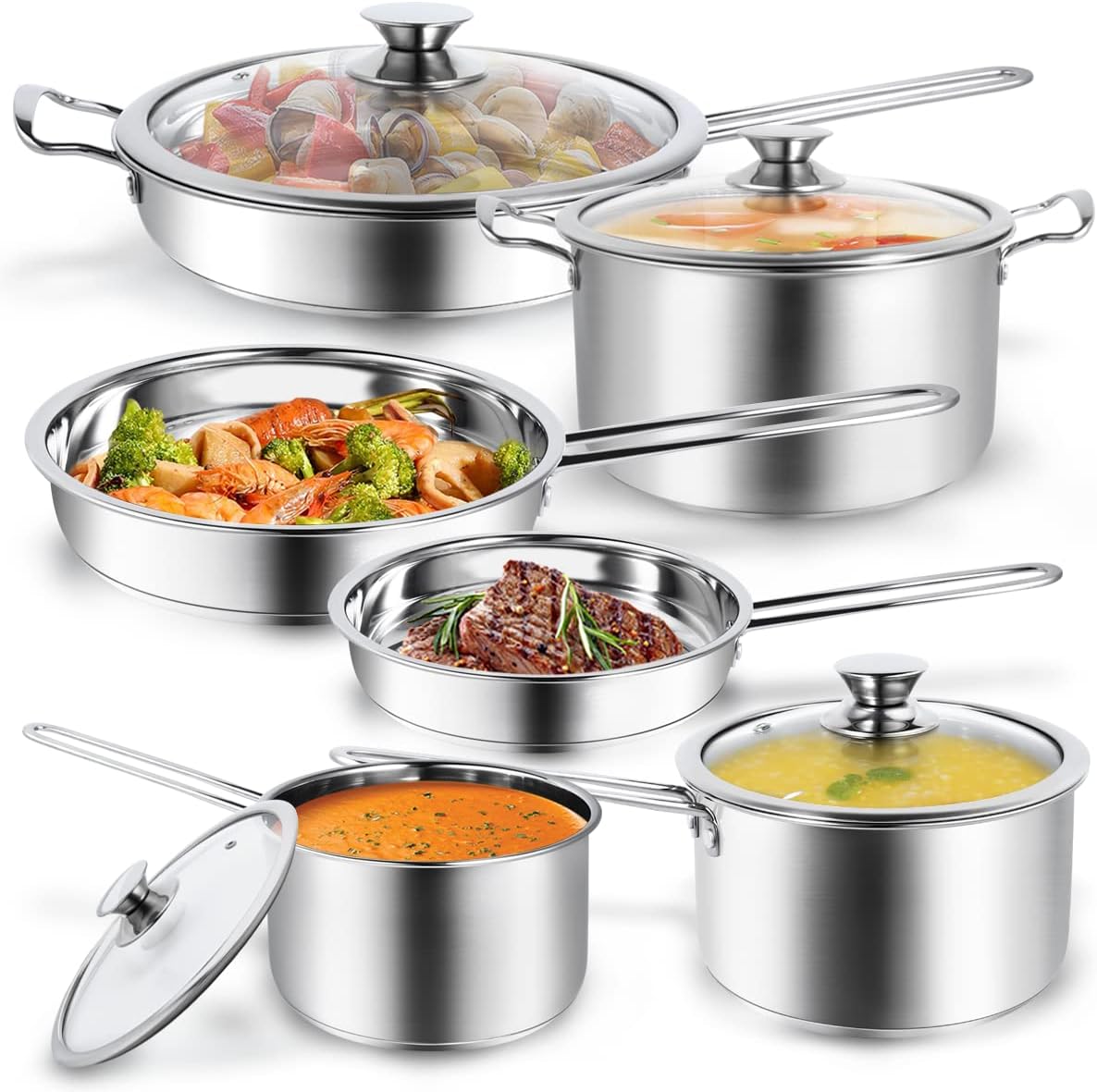 Aufranc Stainless Steel pots and pans set, 6 Piece Nonstick Kitchen Induction Cookware Set,Works with Induction/Electric and Gas Cooktops, Nonstick, Dishwasher
