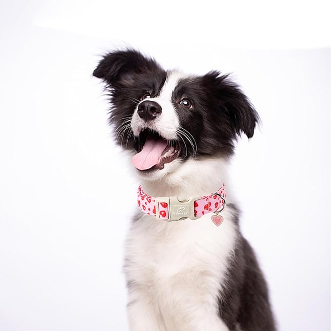 Valentines Dog Collar, Cute Pink Dog Collar with Red Heart Printed, Comfortable Girl Puppy Collar with Quick Release Plastic Buckle, Small