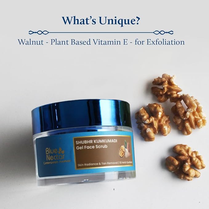 Blue Nectar Kumkumadi Gel Scrub | Non-Drying Face Scrub for Glowing Skin and Tan Removal | Plant Based Vitamin E | with Almond, Turmeric and Walnut, (10 Herbs, 1.76 fl oz)
