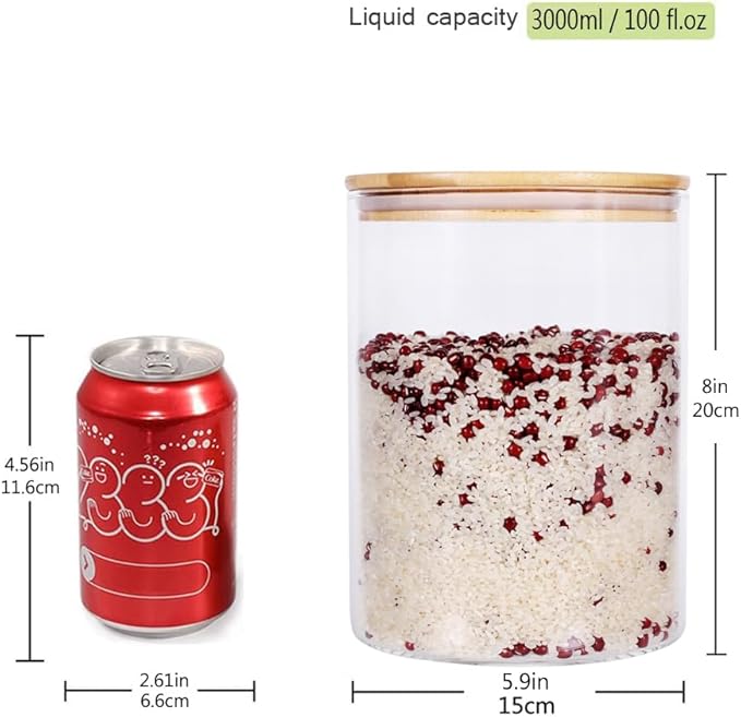 Large Glass Food Storage Container, 100 FL OZ (3000ml) Glass Food Canister with Airtight Bamboo Lids for Your Pantry, BPA-Free Cereal Dispenser Jars for Spaghetti Pasta, Powder, Tea, Coffee