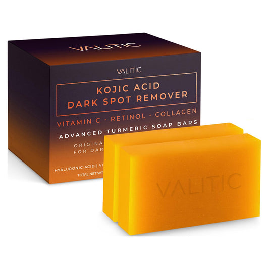 VALITIC Kojic Acid Dark Spot Remover Soap Bars with Vitamin C, Retinol, Collagen, Turmeric - Original Japanese Complex Infused with Hyaluronic Acid, Vitamin E, Shea Butter, Castile Olive Oil (2 Pack)