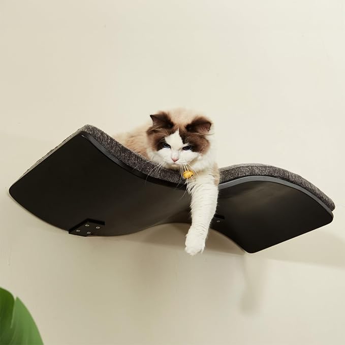 Cat Shelf with Comfortable Cushion - Wave Modern Cat Bed - Minimalistic Floating Wall Perch - Wooden Wall Mounted Cats Furniture for Sleeping, Playing, Climbing, and Lounging, Walnut