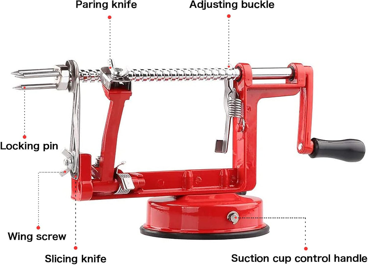 Apple Peeler Corer, Long lasting Chrome Cast Magnesium Alloy Apple Peeler Slicer Corer with Stainless Steel Blades and Powerful Suction Base for Apples and Potato(Red)