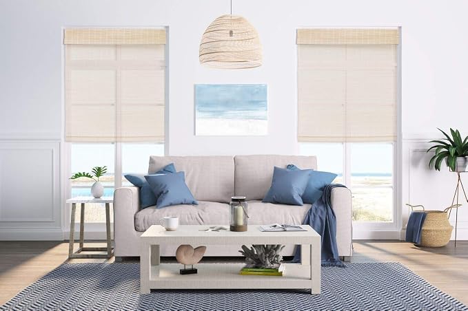 Cordless Woven Wood Roman Shades, 40W x 72H, Bamboo Mesh Natural, Sizes 20-72