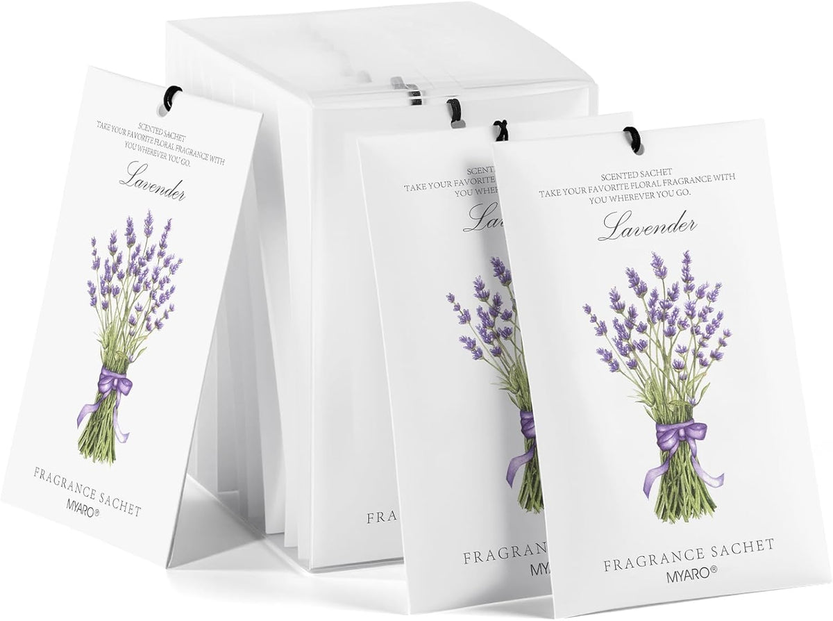 MYARO 12 Pack Lavender Scented Sachets | Odor Eliminator & Air Freshener for Drawer, Closet, Car, Shoes, Gym Bag, Suitcase | Home Fragrance Gift Set
