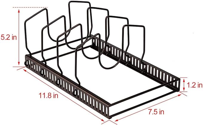 Toplife Pot Lids Organizer Rack for Cabinet and Countertop, 7+ Pan Lids and Bakeware Organizer Rack Holder with 7 Adjustable Compartments - Brown