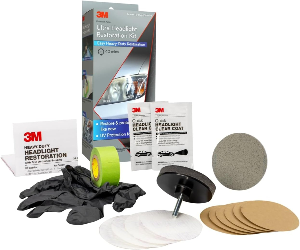 3M Ultra Headlight Restoration Kit, Contains Masking Tape, Light Sanding Discs, Wax Protectant and More, Use on Plastic Lenses Headlights, Taillights and More, Easy Heavy-Duty Restoration (39195)