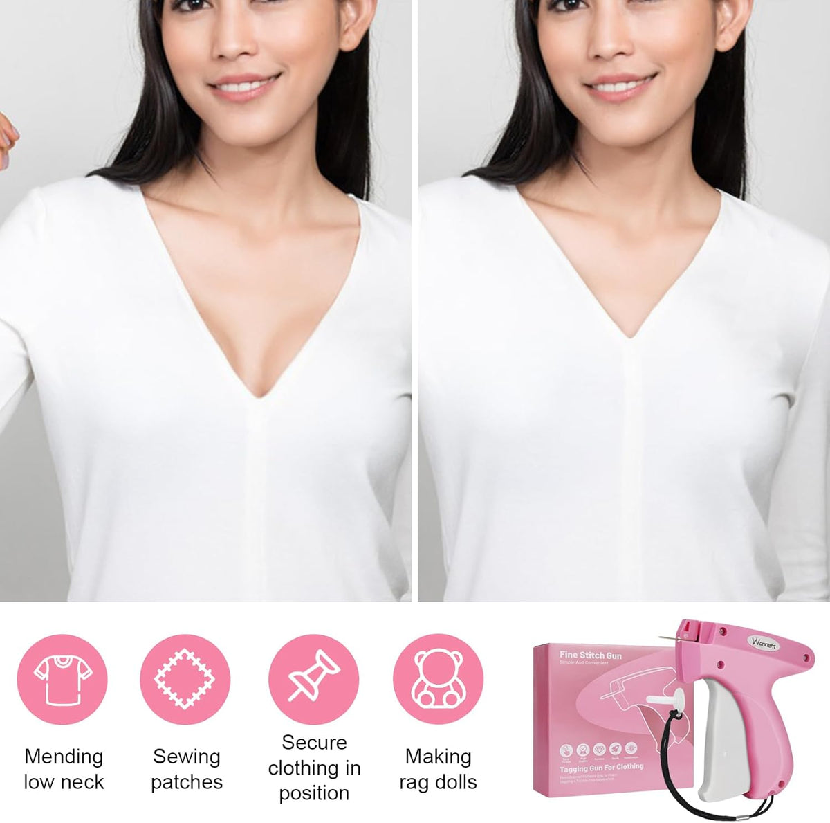 Stitch Gun for Clothes Stitchy Tagging Gun for Clothing Stitchy Quick Clothing Fixer -Includes 1,000 Black Fasteners & 1,000 White Fasteners & 6 Needles(hotpink+White)