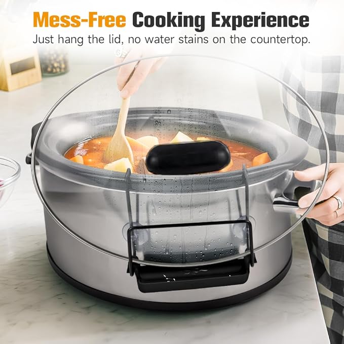 SOPHICO Slow Cooker Lid Holder for Cooking, Hand Free Pot Lid Organizer, Stainless Steel Rack with Silicone Sink, Fits Most Slow Cookers, Keeps Countertop No Mess (Black, 2 Pack)