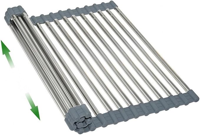 Expandable Large Draining Rack, Roll Up Heat-Resistant Dish Drainer for Stainless Steel Sinks, Collapsible Over The Sink Rack Non-Slip Silicone Rolling Up Rack 18 Tube