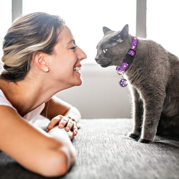 2Pcs Breakaway Cats Collars Cat Collars for Boy Cats Kitten Collars with Bell & Pendant Glow in The Dark,Black+Purple