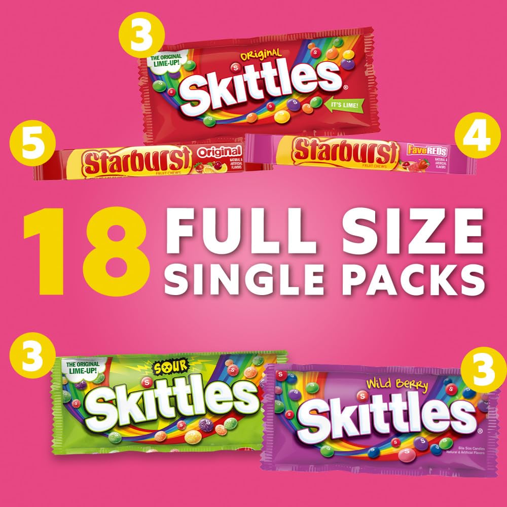 SKITTLES & Starbust Assorted Candy Variety Pack for Holidays, Gifts, Parties, Candy Assortment, 37.05 oz (18 Count) Bulk Box