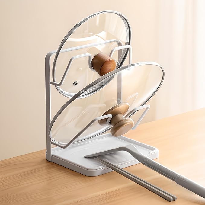 PAVSTINE Pot Lid Holder, 2 Tier Pan Lid Holders While Cooking, Lid and Spoon Rest for Kitchen Counter, Pot Lid Organizer Stand with Drip Tray, Pot Lid Rack Kitchen Utensil Holder Rest, White