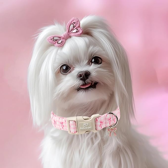 Girl Dog Collar for Puppy Small Dogs - Cute Pink Plaid & Bow Print Spring/Summer Puppy Collar, Soft Adjustable Holiday Female Dog Collars with Quick Release Buckle XS