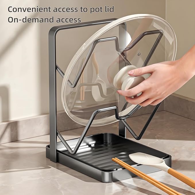 Pot Lid Organizer Holder Rack for While Cooking Under Cabinet Crockpot Pan and Storage Crock Spoon Rest with Kitchen Top Double U-Shaped Slots Steel Countertop Counter Stainless Stand Drip Tray
