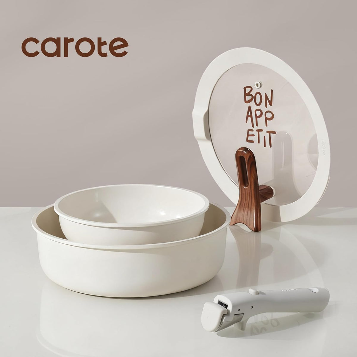 CAROTE Ceramic Pots and Pans Set Non Stick, Nonstick Kitchen Cookware Sets with Lid, Detachable Handle Sauté Pan Set, Non Toxic Frying Pan, Oven Safe, Induction Ready, Cream White