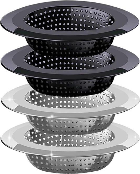 Kitchen Sink Drain Strainer, 4 Pack Stainless Steel and Black Mesh Sink Strainer for Kitchen with Large Wide Rim 4.5" Diameter, Sink Filter Strainer with 3" Basket Sink Food Catcher