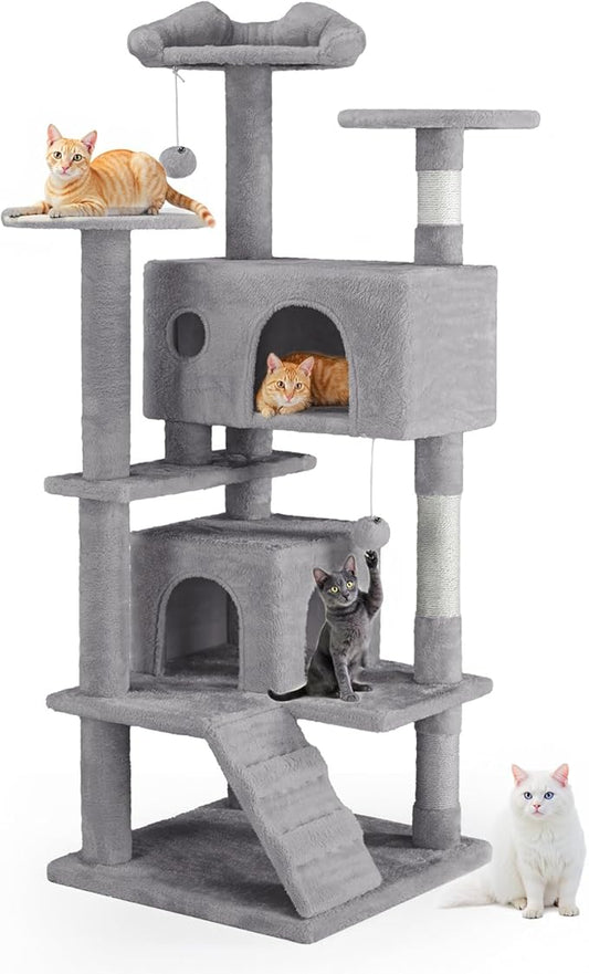 Cat Tree 54 Inch, Multi-Level Cat Tower with Condo, Perches, Sisal Scratching Posts and Climbing Ladder, Pet Play Toy Balls House for Indoor Cats, Light Grey