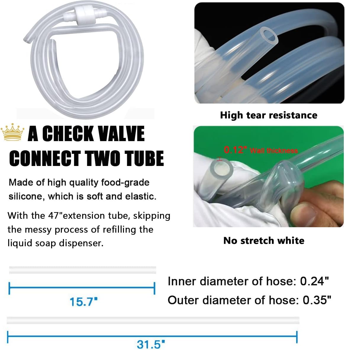Sink Soap Dispenser Extension Tube Kit with Upgraded Check Valve, 47" Under Counter Soap Dispenser Tube for Kitchen Sink, Fit Most Soap Containers, Strong Suction, No More Tiny Bottle Daily Refills