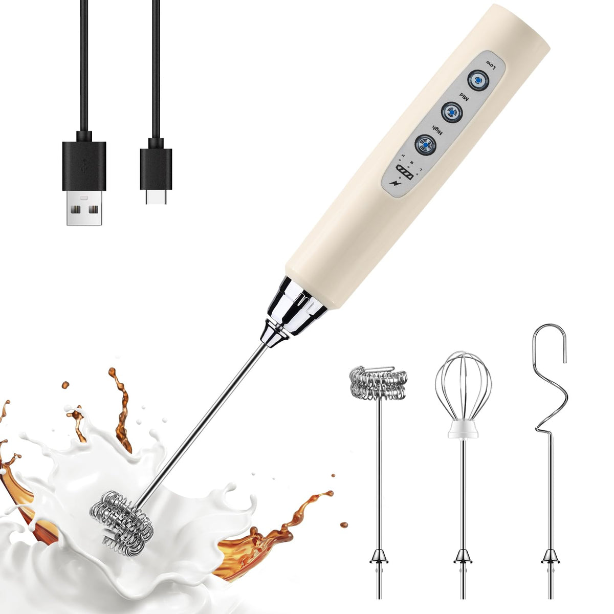 YUSWKO Beige Handheld Milk Frother Wand for Coffee, Rechargeable Electric Whisk with 3 Heads 3 Speeds Drink Mixer Coffee Frother For Latte, Cappuccino, Hot Chocolate, Egg