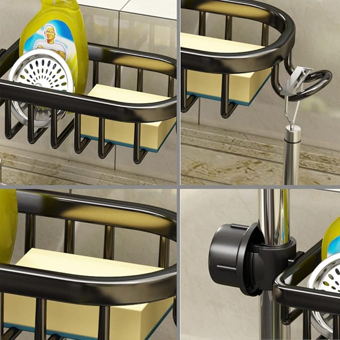 Faucet Sponge Holder Upgraded Kitchen Sink Caddy Organizer with Dish Towels Drying Rack & Hooks Over Faucet Hanging Faucet Drain Rack for Sink Organizer (with Towel Rack-Right, Black)