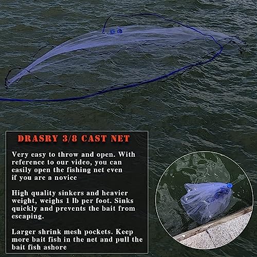 Drasry Saltwater Fishing Cast Net 3/8 and 1/4 Mesh with Heavy Duty Gray Sinker American Monofilament Fish Throw Net for Bait Trap 3FT 4FT 5FT 6FT 7FT 8FT 9FT Radius - size: 6FT Radius, style: 3/8 Mesh 1 Lb/Ft
