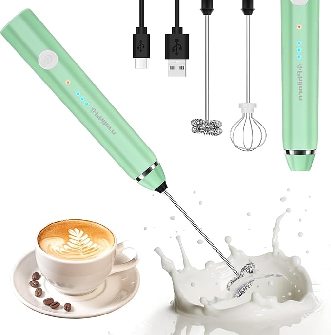 Philorn Milk Frother Wand Handheld Rechargeable Electric Whisk Coffee Drink Mixer, Mini Foamer for Lattes, Cappuccino, Frappe, Matcha, Hot Chocolate, Protein Powder, Keto Diet (Green 2 Heads)