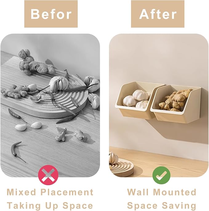 6-Pack Small Beige Storage Baskets, Plastic Storage Bins Kitchen Wall Organizer and Storage Shelves, Spice Organizer, Adhesive Spice Rack Wall Mount for Countertop/Cabinet/Bathroom